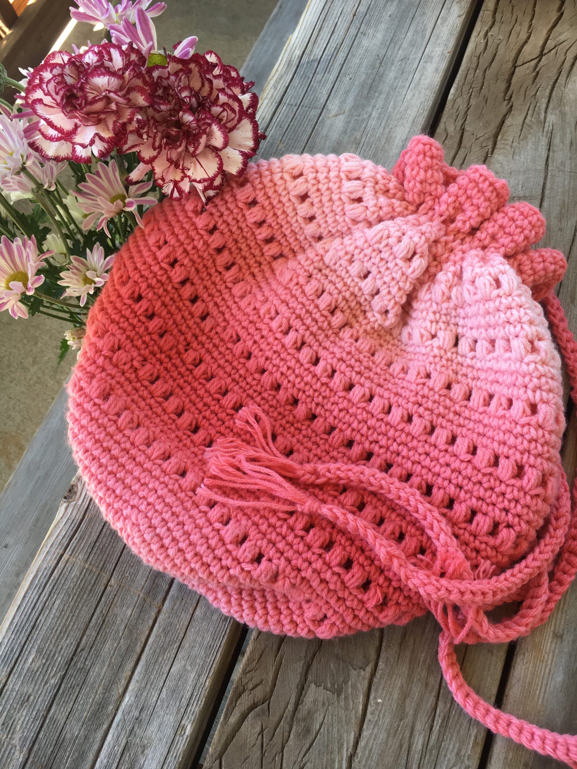 crochet bubbly drawstring bag